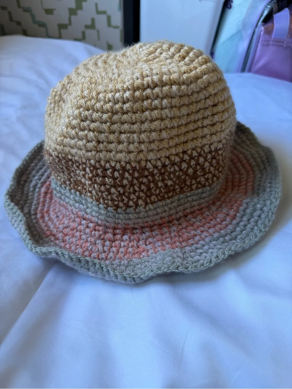 Crocheted Bucket Hat with Neutral Stripes - Beige, Brown & Pink